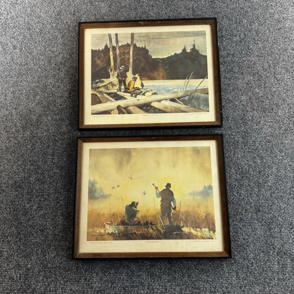 Pair Vintage Roy M Mason Lithograph Prints Shaw-Barton Hunting Fishing Framed